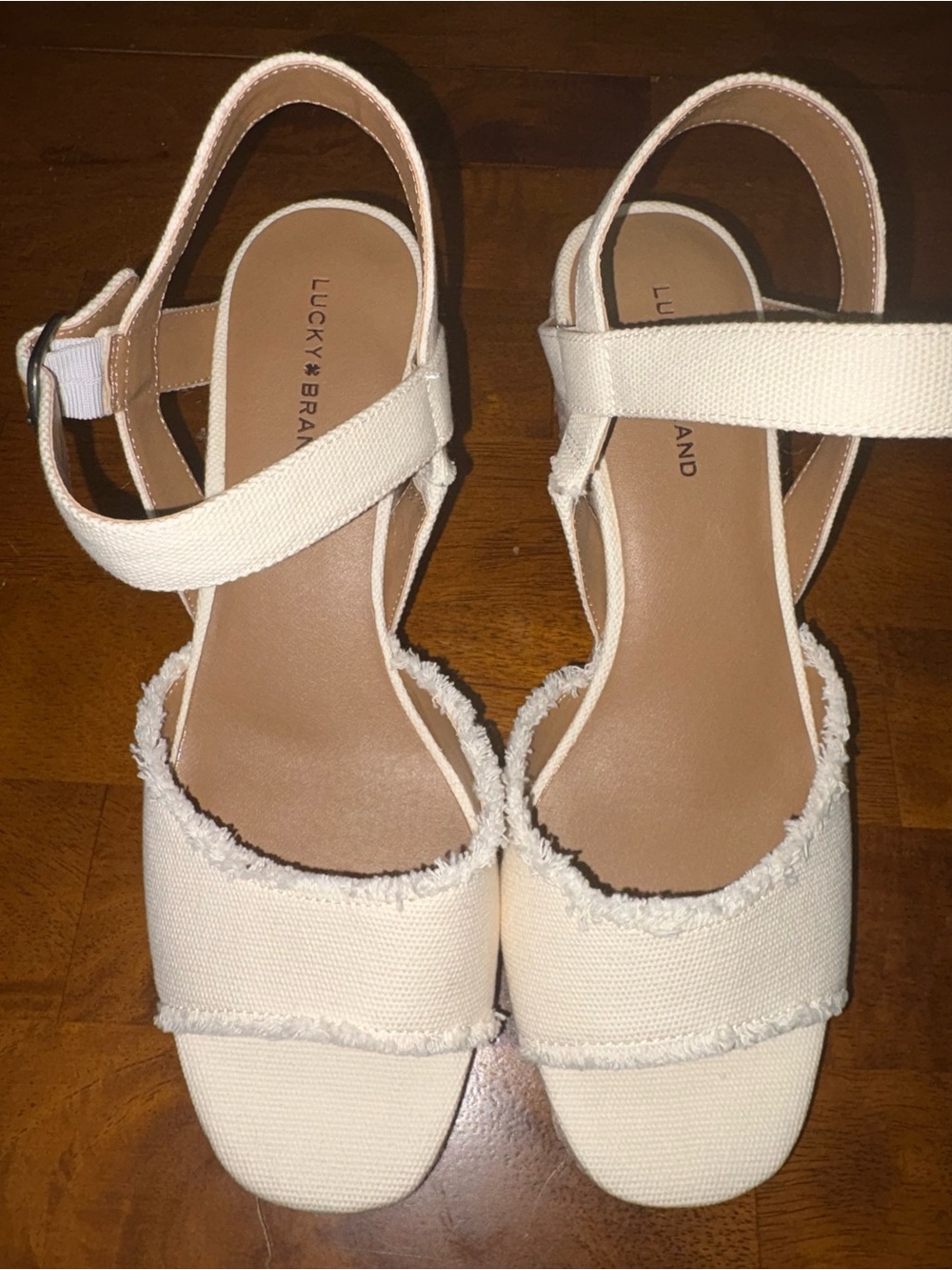 Lucky Brand Women's Cream Frayed Canvas Ankle-Strap Sandals